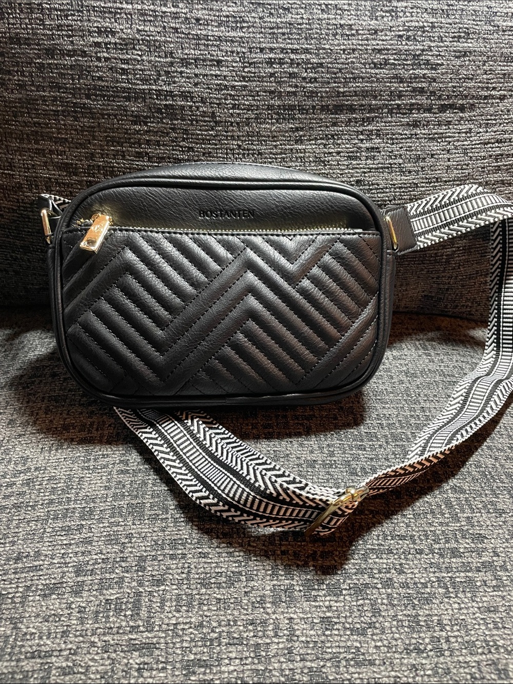 Black Quilted Crossbody Bag with Patterned Strap